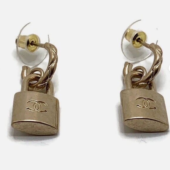 Authentic Chanel Drop Lock Padlock Earrings Gold Hardware - Picture 3 of 8